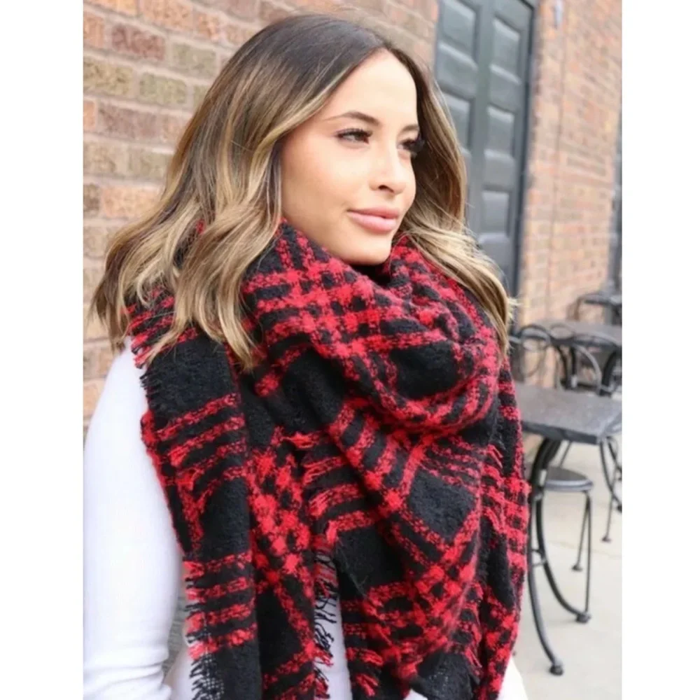 SOLD OUT Red & Black Frayed Hem Soft Plaid Blanket Scarf - Picture 3 of 4